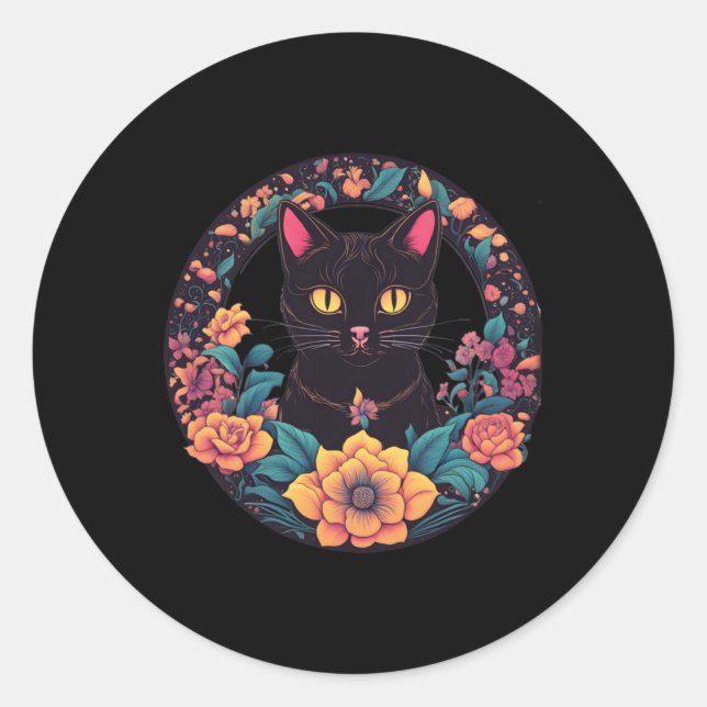 Redonda Pegatina de arte de gato negro (Anverso)