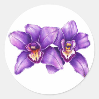 Redonda Pegatina de arte de orquídeas moradas