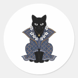 Redonda Pegatina de arte místico de gato con batik azul
