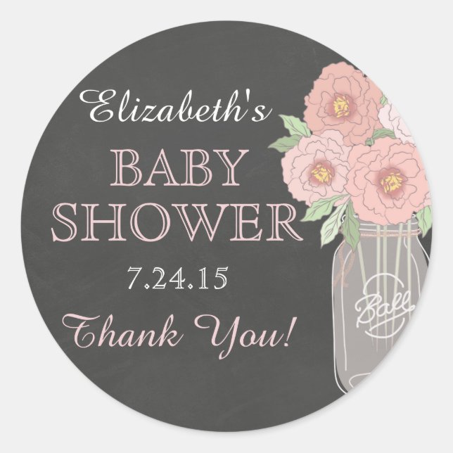 Redonda Pegatina de Baby Shower Chalkboard Floral Mason Ja (Anverso)
