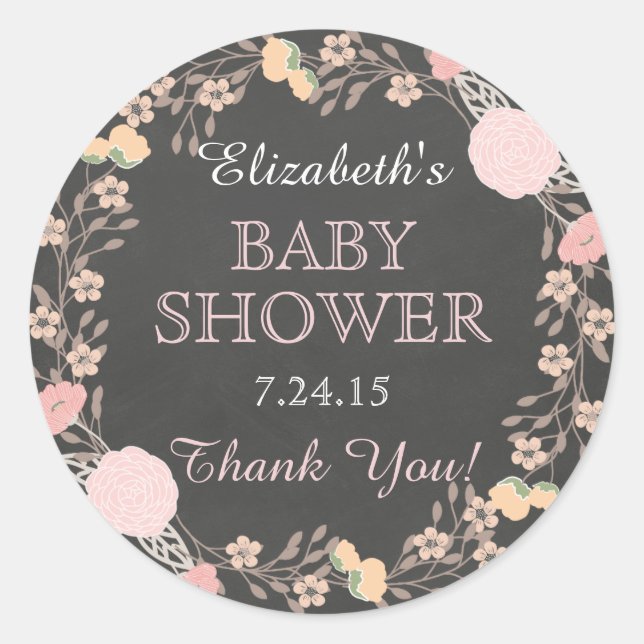 Redonda Pegatina de Baby Shower Chalkboard Floral Wreath (Anverso)
