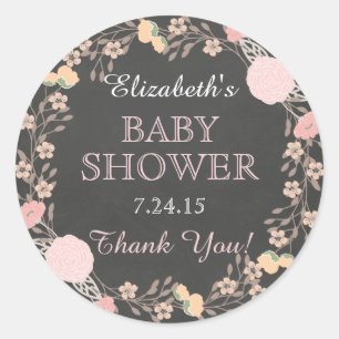 Redonda Pegatina de Baby Shower Chalkboard Floral Wreath