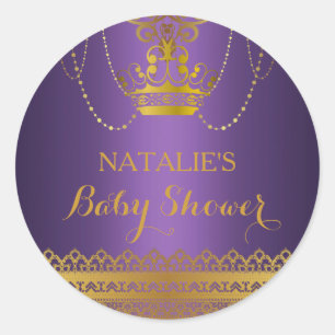 Redonda Pegatina de Baby Shower Corona de Purpura y Oro