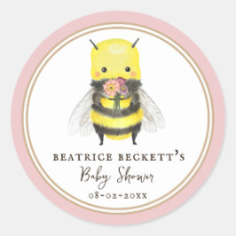 Redonda Pegatina de Baby Shower Cute Pink Bee and Wildflow