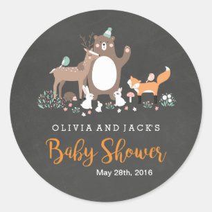 Redonda Pegatina de Baby Shower Cute Woodland Chalkboard