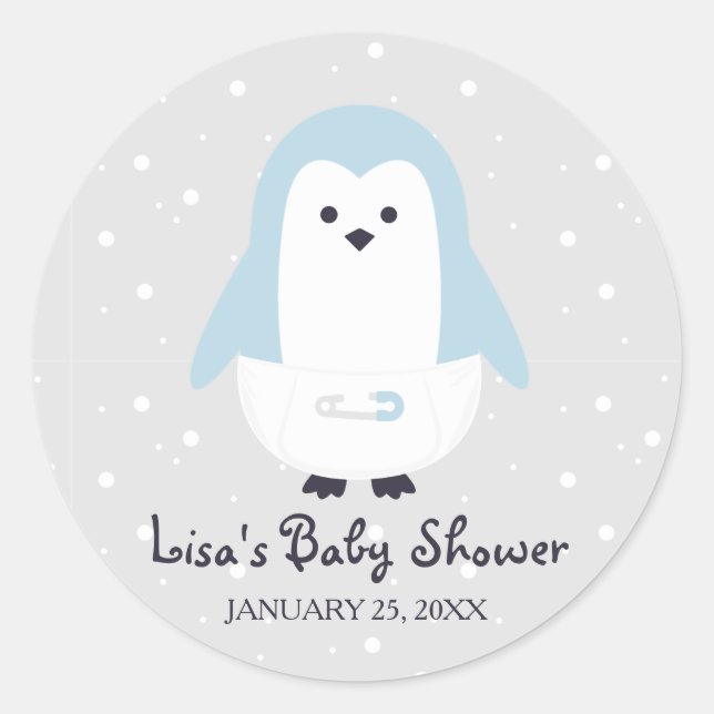 Redonda Pegatina de Baby Shower de Baby Blue Penguin (Anverso)