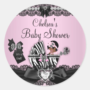 Redonda Pegatina de baby shower de cebra y encaje afroamer