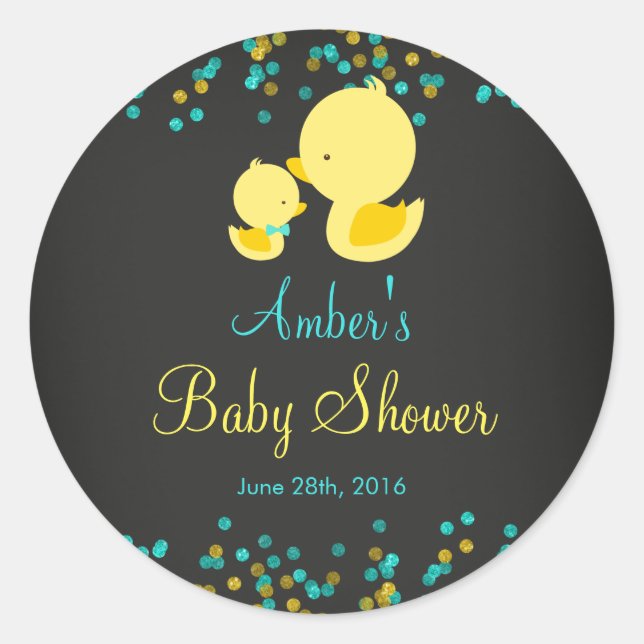 Redonda Pegatina de Baby Shower de Chalkboard Ruber Duck (Anverso)