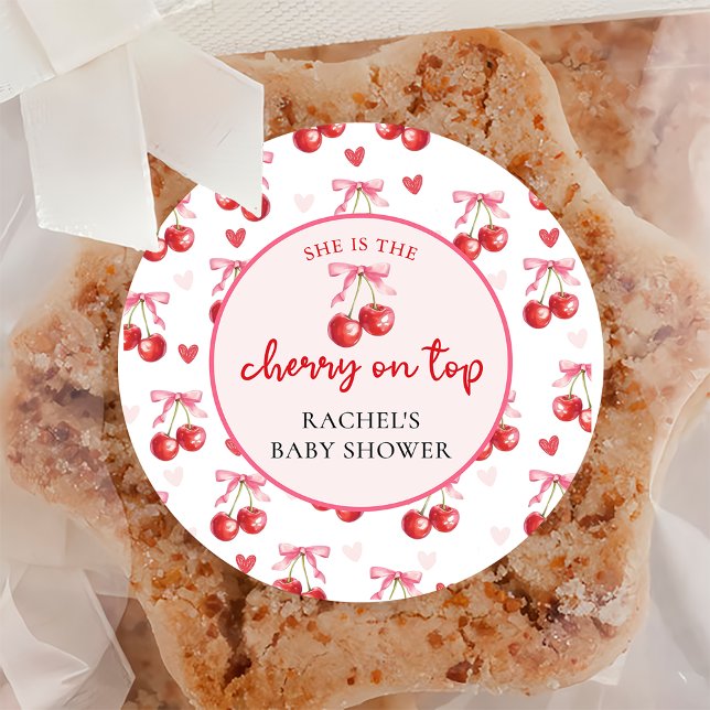 Redonda Pegatina de Baby Shower de Coquette Bow Cherry (Subido por el creador)