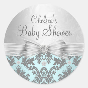 Redonda Pegatina de baby shower de damasco azul y plata