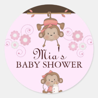 Redonda Pegatina de baby shower de mono rosa