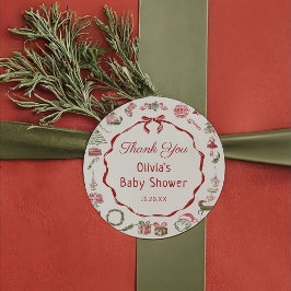 Redonda Pegatina de Baby Shower de Navidad con Lazo Rojo