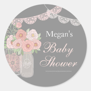 Redonda Pegatina de Baby Shower de tarro de Mason rosa gri