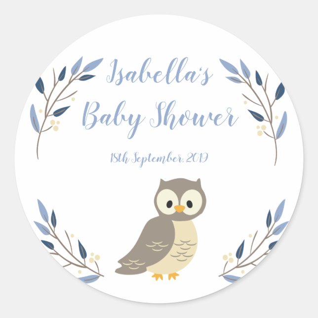 Redonda Pegatina de Baby Shower de Woodland Owl (Anverso)
