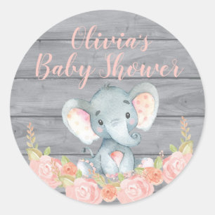 Redonda Pegatina de Baby Shower del elefante rosado