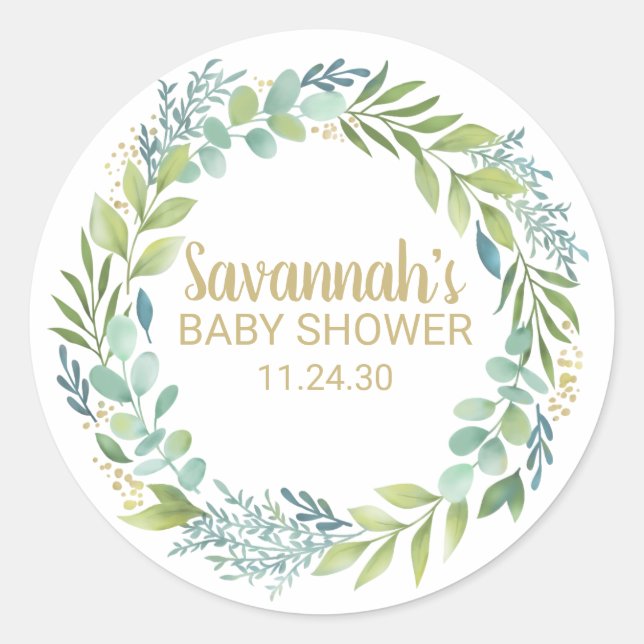 Redonda Pegatina de Baby Shower Eucalyptys Greenery (Anverso)