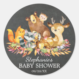 Redonda Pegatina de Baby Shower Favor de Woodland Chalkboa