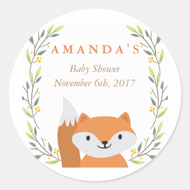 Redonda Pegatina de Baby Shower Favor de Woodland Fox (Anverso)
