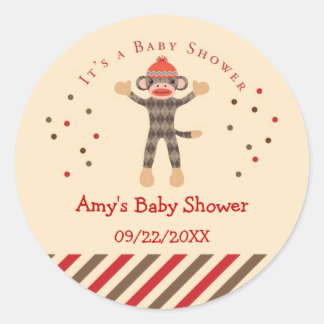 Redonda Pegatina de Baby Shower Favorito de mono de sock
