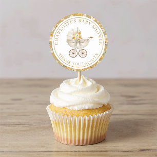 Redonda Pegatina de baby shower floral de Carruaje Neutral
