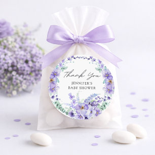 Redonda Pegatina de Baby Shower Floral Lavanda Elegante