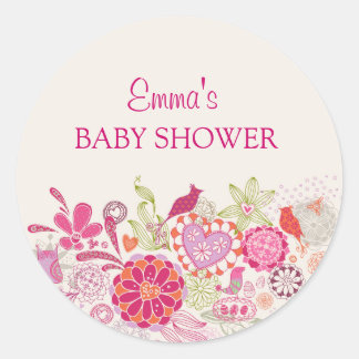 Redonda Pegatina de Baby Shower | Jardin Flor Pájaro