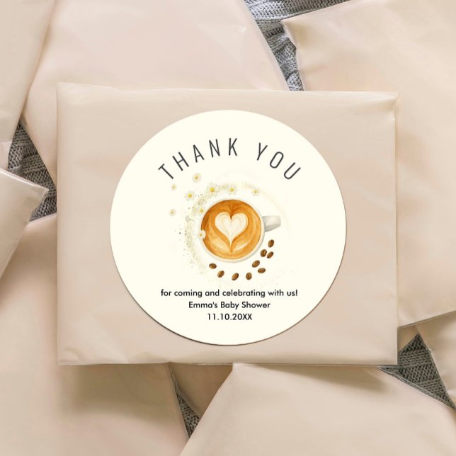 Redonda Pegatina de baby shower Love is Brewing (Love is Brewing Baby Shower Sticker #zazzlemade #coffeebabyshower #watercolorflowers #daisesflowers)