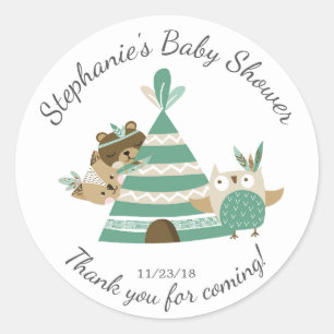 Redonda Pegatina de Baby Shower neutral de bosque tribal