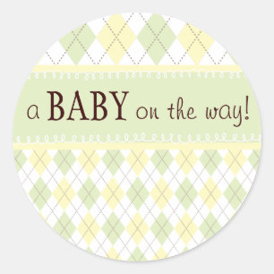 Redonda Pegatina de Baby Shower Neutral Green Yellow Argyl