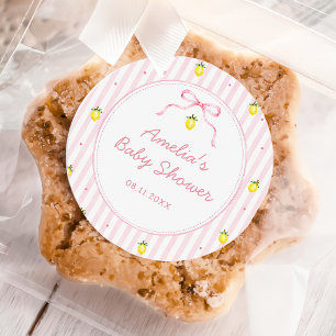 Redonda Pegatina de Baby Shower Rayas de Limón Rosa Citrus