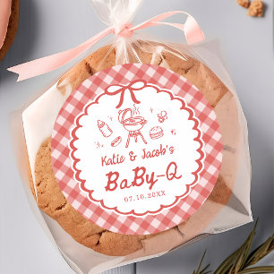 Redonda Pegatina de Baby Shower Red Gingham Barbecue Baby-
