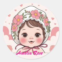 Pegatina de baby shower rosa con flores de acuarel