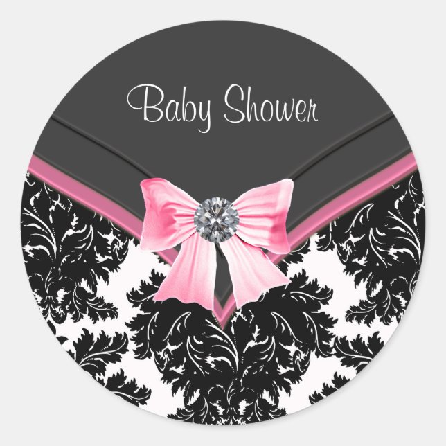 Redonda Pegatina de Baby Shower rosa negro negro Damask ro (Anverso)