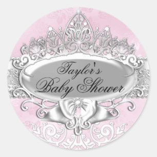 Redonda Pegatina de Baby Shower rosa Tiara y Damask