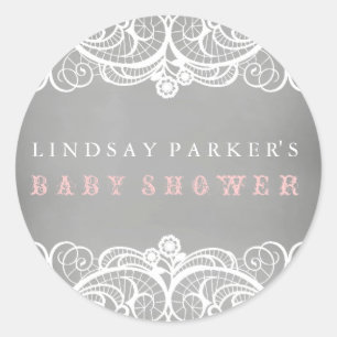 Redonda Pegatina de Baby Shower Rustic Lace & Chalkboard