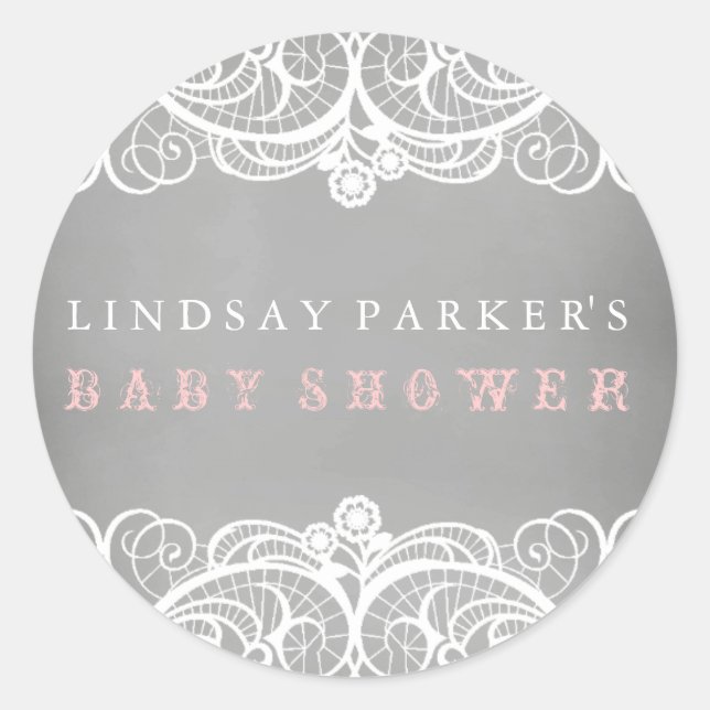 Redonda Pegatina de Baby Shower Rustic Lace & Chalkboard (Anverso)
