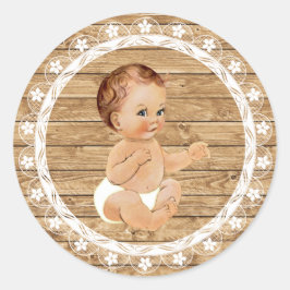 Redonda Pegatina de Baby Shower Rustic Wood and Lace.
