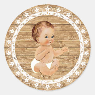 Redonda Pegatina de Baby Shower Rustic Wood and Lace.