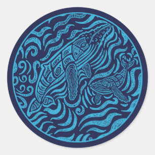 Redonda Pegatina de ballenas jorobadas de la familia oceán