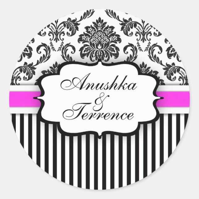 Redonda Pegatina de banda de Damask negro y rosa (Anverso)