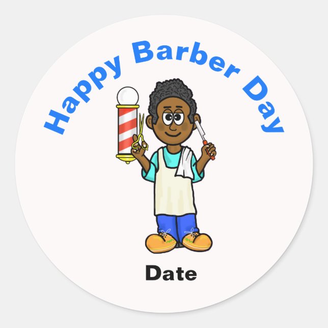 Redonda Pegatina de Barber Day con barberos negros (Anverso)