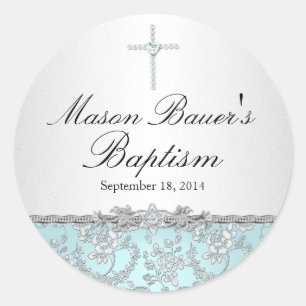 Redonda Pegatina de Bautismo Rosa Azul y Cruz