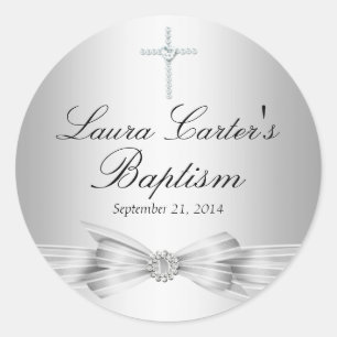 Redonda Pegatina de Bautizo con Arco de Plata y Cruz