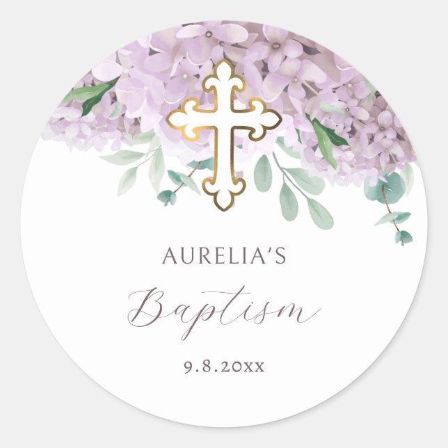 Redonda Pegatina de Bautizo de Hortensia Rosada (Anverso)