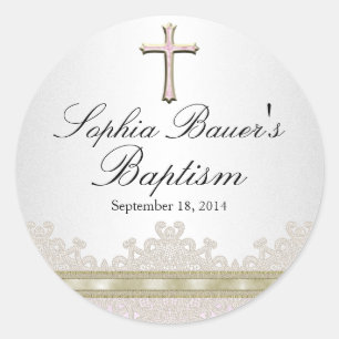 Redonda Pegatina de Bautizo Pretty Lace & Cross