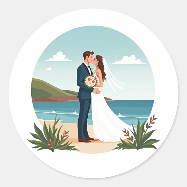 Redonda Pegatina de besos de bodas de playa (Anverso)