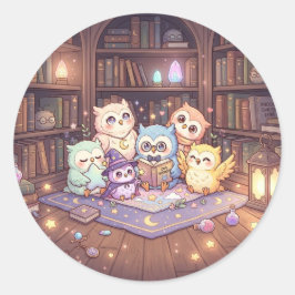 Redonda Pegatina de Biblioteca de Búho Mágico Adorable