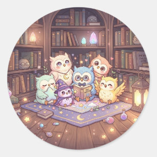 Redonda Pegatina de Biblioteca de Búho Mágico Adorable