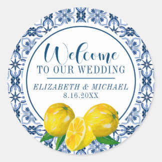 Redonda Pegatina de bienvenida de Lemon Italian Blue Tile 