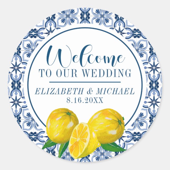 Redonda Pegatina de bienvenida de Lemon Italian Blue Tile  (Anverso)